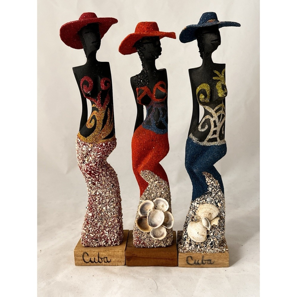 Cuban Folk Art Women Figurines‎ Set 3 Hand Painted Shell Sand Sculpture Decor